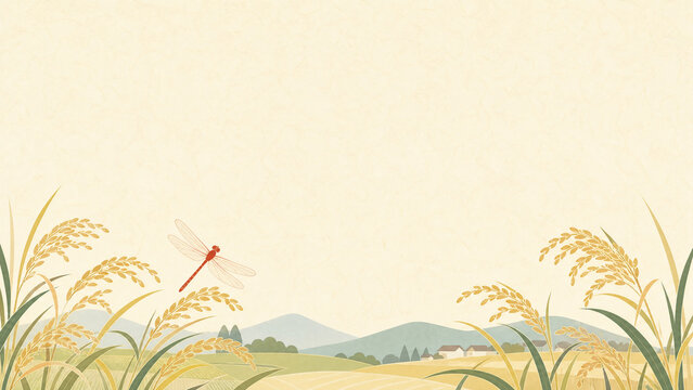 Stylized dragonfly over golden rice ears - japanese early autumn countryside flat design illustration banner with copy space