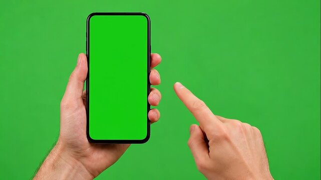 Person pointing at smartphone with green screen in studio