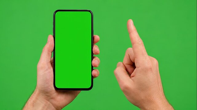 Hands using phone with green screen and pinch gesture