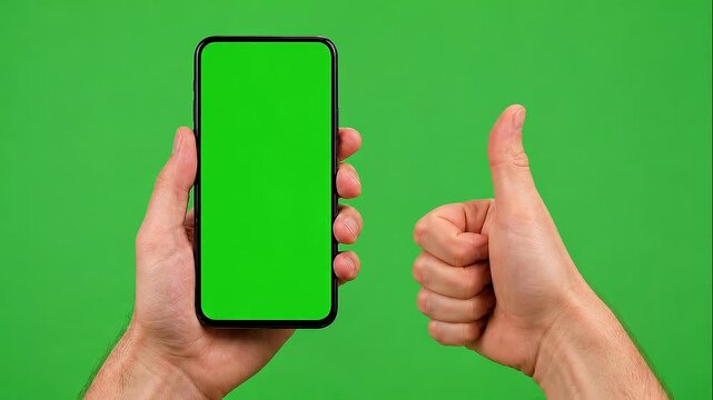 Holding smartphone with green screen and showing thumbs up gesture