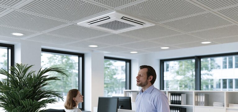 In a modern office, a streamlined ceiling air diffuser highlights efficient airflow and contemporary ventilation design.