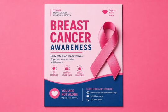 Breast cancer awareness poster, pink ribbon charity campaign flyer, pink and blue fundraising social media banner design