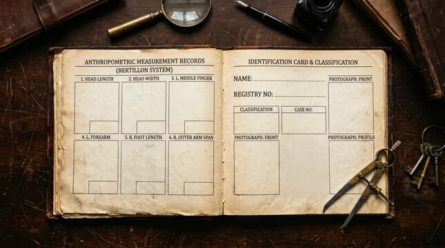 Antique Crime Investigation Record Book with Bertillon System and Fingerprint Forms