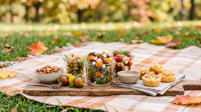 Autumn picnic spread with salads nuts pastries and fruit on a blanket for seasonal background and food banner design