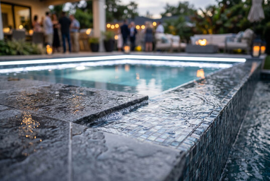 Modern luxury pool edge with overflowing spa and mosaic tile water feature for evening event background and hospitality banner design