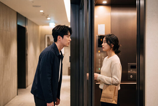 Tense couple confrontation in a building elevator doorway for drama poster or relationship background scene