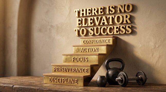Inspirational message about achieving goals displayed over a tower of books and a kettlebell symbolizing effort and commitment to personal growth