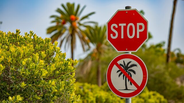  Environmental protection concept with stop signs and tropical vegetation
