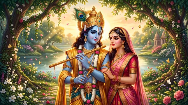 Lord krishna and goddess radha divine couple illustration in enchanting nature garden