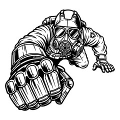 Obraz premium Steampunk Robot Warrior with Gear Armor Full Body Black and White Vector Illustration