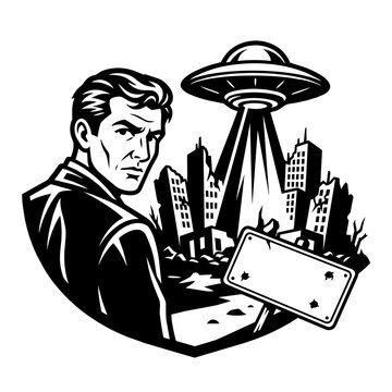 Male Character with UFO Flying Saucer in Background Sci-Fi Scene Black and White Vector Illustration