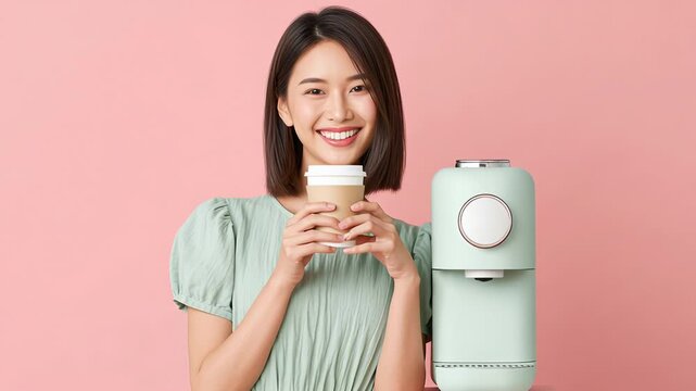Smiling woman enjoying coffee with modern mint green coffee maker on soft pink background