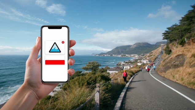 Hand holding smartphone with blue wave warning icon on coastal road