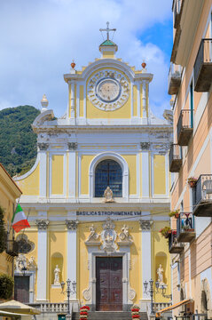 Townscape of Minori seen from historic center,southern Italy: glimpse of The Basilica of Santa Trofimena ( or S.Trophinenae).