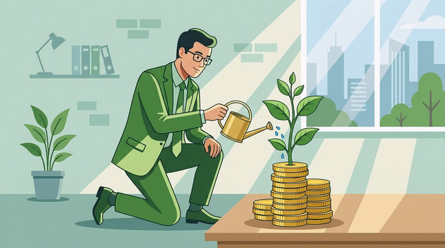 Ilustrasi Pengusaha Menyiram Tanaman Uang Koin Sebagai Konsep Pertumbuhan Investasi Finansial
