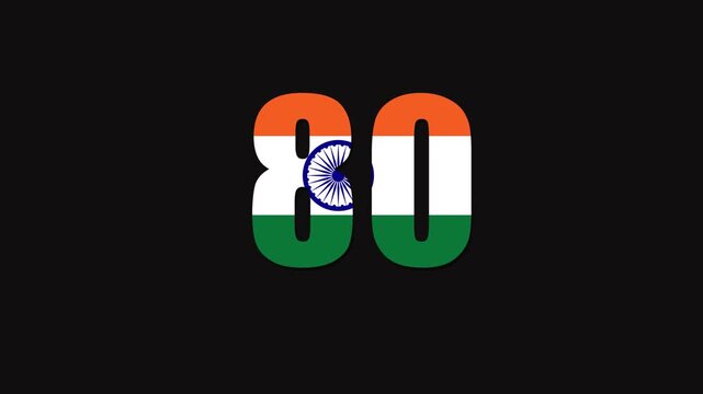 Indian Tricolor Number 80 Typography on Black Background, Patriotic Celebration Design with Ashoka Chakra, National Theme Motion Graphic