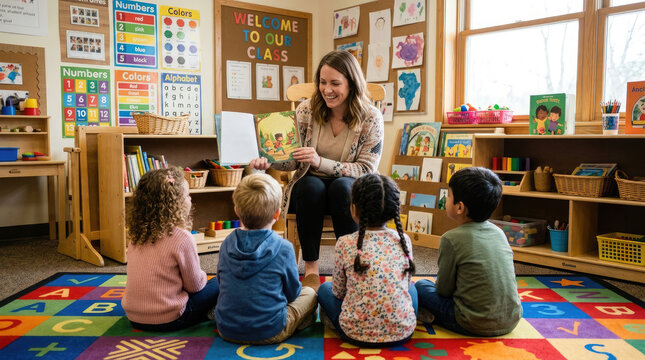 A heartwarming scene of a dedicated teacher engaging with her young students in a colorful classroom fostering a love for learning and early childhood