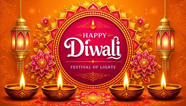 Festive happy diwali greeting card design with traditional oil lamps and decorative mandala pattern background for celebration