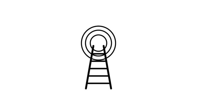 Simple outline icon of a radio broadcast tower emitting signal waves representing communication connectivity and wireless data transmission network