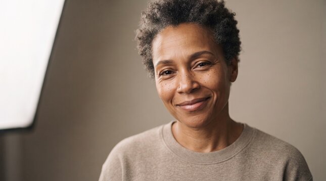 Confident mature woman smiling in cozy indoor setting.