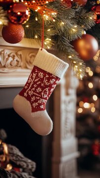 A cozy holiday scene featuring a red and white festive stocking hanging in front of a beautifully decorated Christmas tree with lights and ornaments.
