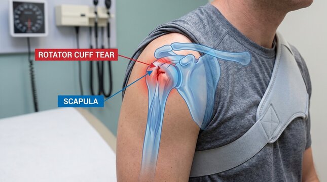 Shoulder injury with rotator cuff tear with anatomical overlay rotator blood pressure monitor wearing gray shoulder doctor s office medical equipment brace anatomical with person wearing