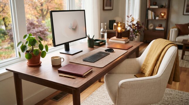 Cozy home office with modern computer and natural light.