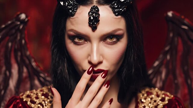 Beautiful seductive succubus demon woman with bat wings, horns and elaborate costume in dark fantasy setting with fire background