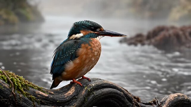 Close-up of a vibrant kingfisher perched on a mossy branch over a misty river in its natural habitat