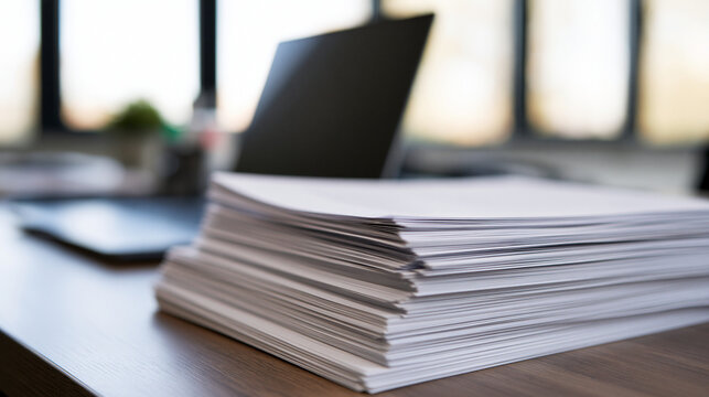 A stack of blank white paper on a wooden office desk. Ideal for business documents or creative project planning.