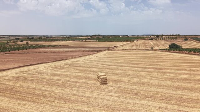 Single stack of hay bales on harvested wheat field viewed from drone