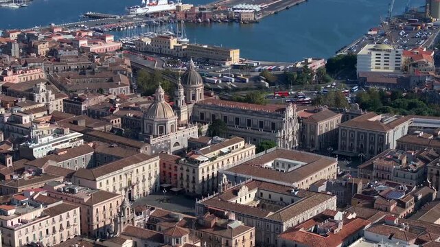 Catania central square, Basilica Cattedrale di Sant Agata. Aerial, Historic piazza del Duomo in Catania, Sicily, Italy.