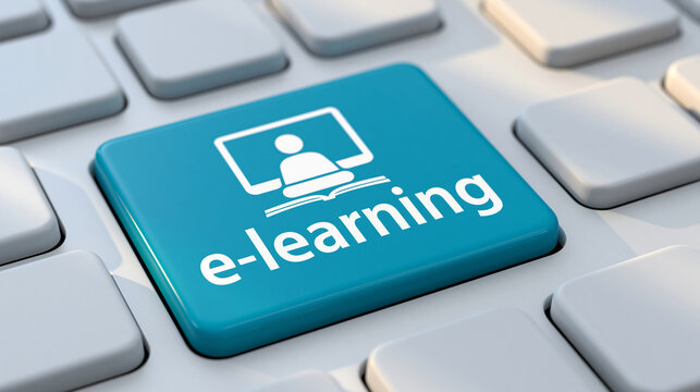 A blue button labeled e-learning sits on a white computer keyboard. It represents digital education and remote.
