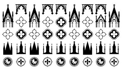 Gothic Architecture Silhouette Vector Element Set with Arches spires Quatrefoils Fleur de lis and Heraldic Motifs for Antique Graphic Designs © mdferozhossain