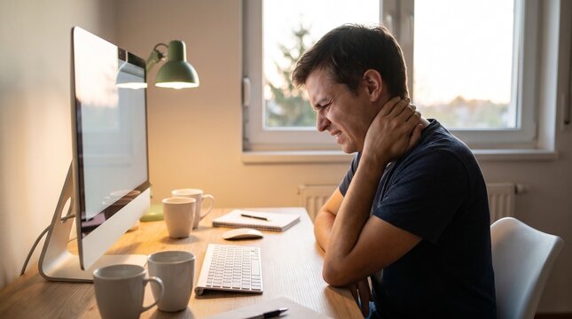 Man experiencing neck pain while working on computer at desk with sitting desk clutching his neck discomfort muscle strain computer use technology ergonomics expression with wellness