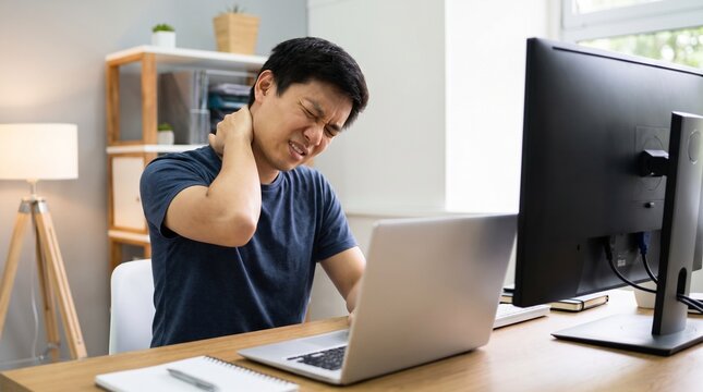 Man experiencing neck pain while working on computer at desk with sitting desk clutching his neck discomfort technology ergonomics workspace monitor posture office with health