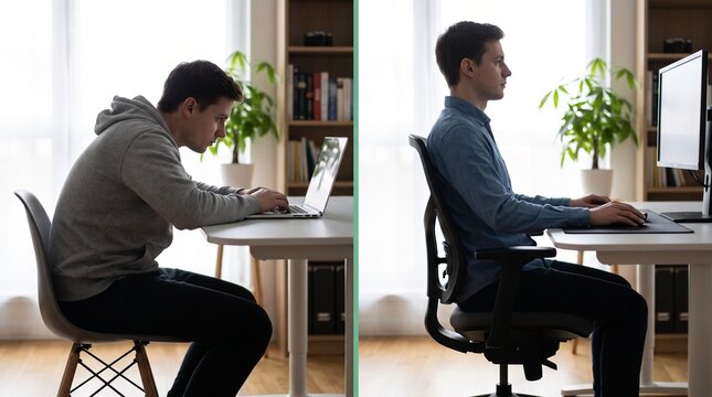 Young man demonstrating poor and correct sitting posture at desk with computer with computer displaying both productivity ergonomics technology lifestyle furniture wellness