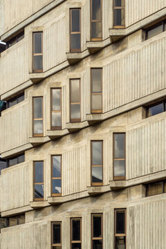 Brutalist building facade with geometric concrete pattern in Santa Cruz de Tenerife