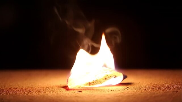 Shell Ignites and Burns with Bright Flame and Smoke on Dark Surface and Burning and Fire and Ignition and Glowing