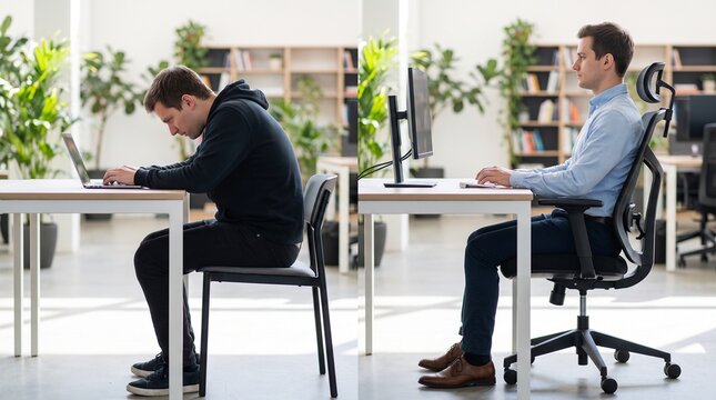 Two men sitting at desks with correct with one slouching other sitting up straight productivity ergonomics workspace computer wellness posture office health laptop with chair