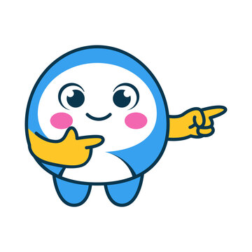 Cute blue mascot character pointing to the side