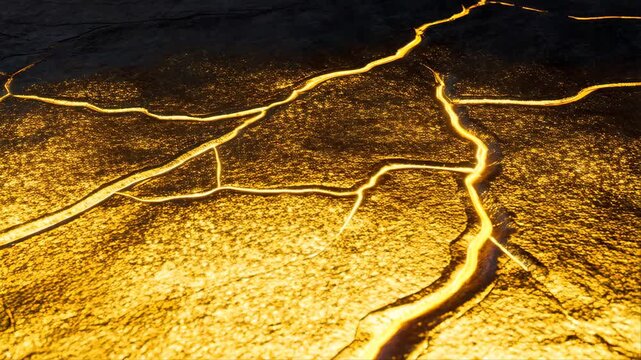 Lava Flow Spreading Across Cracked Volcanic Rock Surface with Glowing Orange Molten Streams and Molten Rock and Cracked Surface
