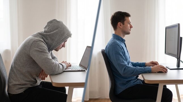 Correct and poor posture comparison at desks with while working computers men sitting desks two men productivity ergonomics workspace wellness shoulder monitor health with office