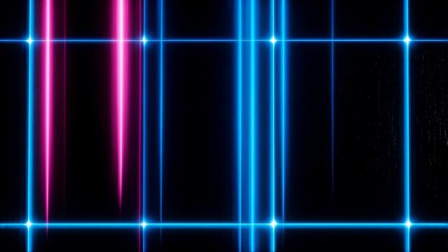 Neon Grid Lines in Blue and Pink Light Streaks on Black Background with Glowing Intersections and Blue Light and Glowing Lines