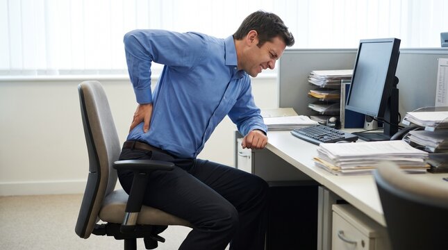 Office worker experiencing back pain at desk with computer with man office setting clutching his back discomfort while seated desk ergonomics workplace business wellness with symptoms
