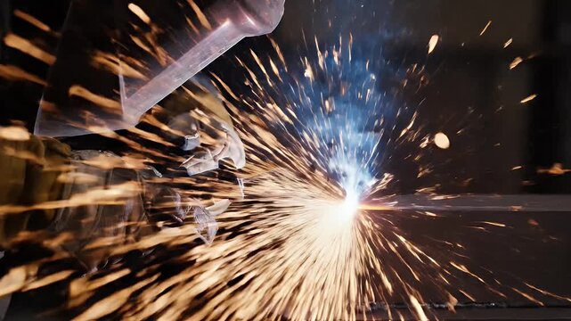 Close-up of a welder in protective gear performing metal fabrication with bright sparks flying during the intense welding process in a workshop.