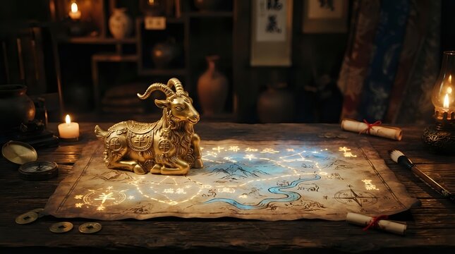 Brass goat figurine on zodiac map with candles and mystical symbols