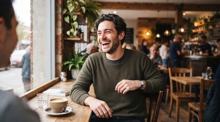 Fototapeta premium Two men laughing together in a cozy cafe setting.