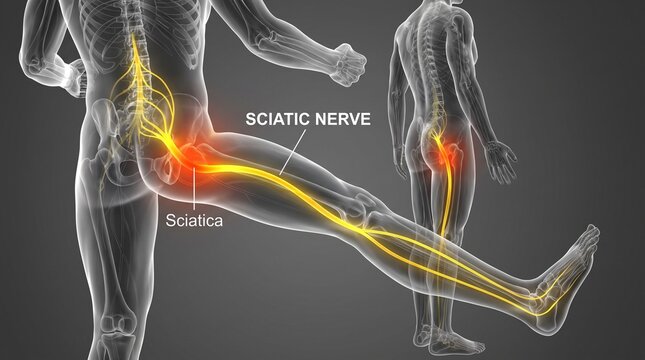 Human body with highlighted sciatic nerve pathway with pathway areas sciatica medical illustration transparent human skeletal system nervous system sciatica pain back pain