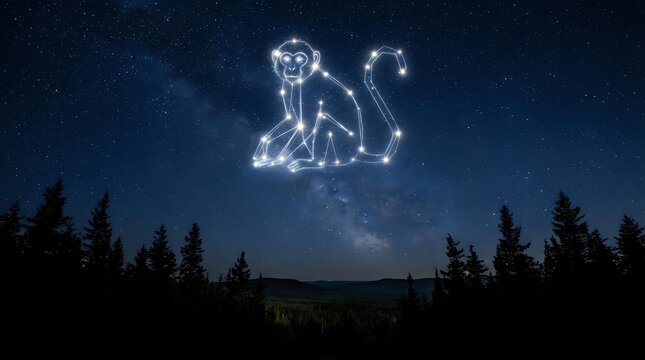 Monkey constellation glowing in starry night sky above forest